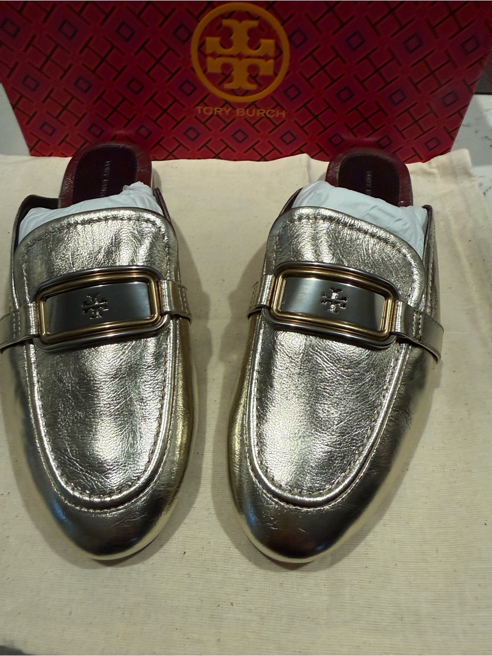 Tory Burch Metallic Gold Leather Slip-On Loafers
